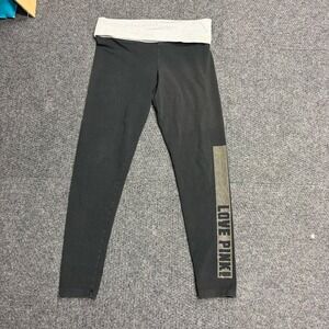 Victorias Secret PINK Yoga Leggings Black Gray Foldover Bling Rhinestone Medium